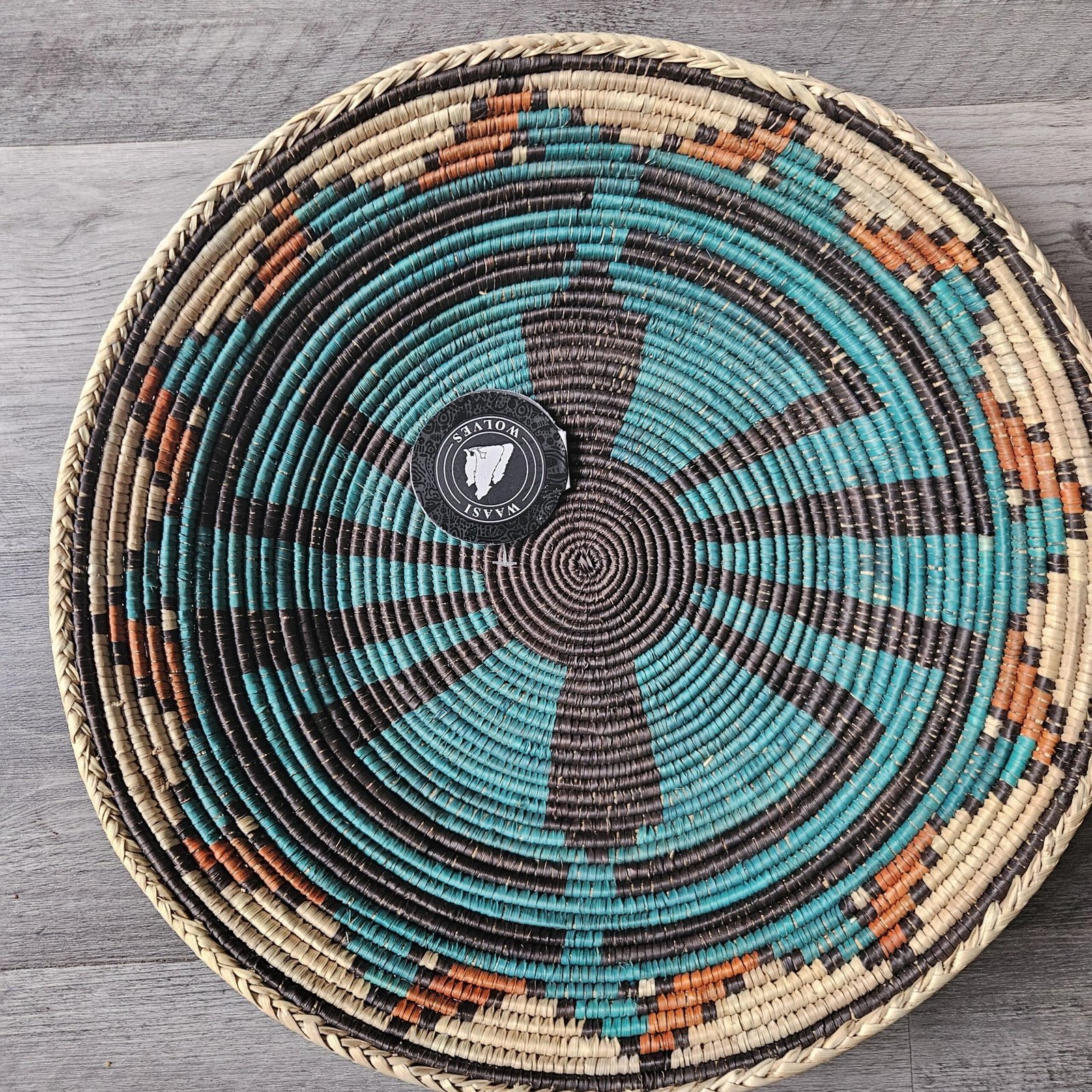 14" Handwoven Wall Basket, Turquoise Pinwheel Black & Rust Accent Pattern | Boho Wall Decor, Fair Trade Gift - Image 5