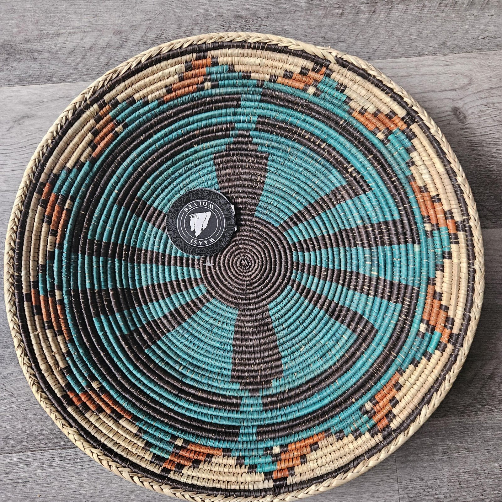 14" Handwoven Wall Basket, Turquoise Pinwheel Black & Rust Accent Pattern | Boho Wall Decor, Fair Trade Gift - Image 6