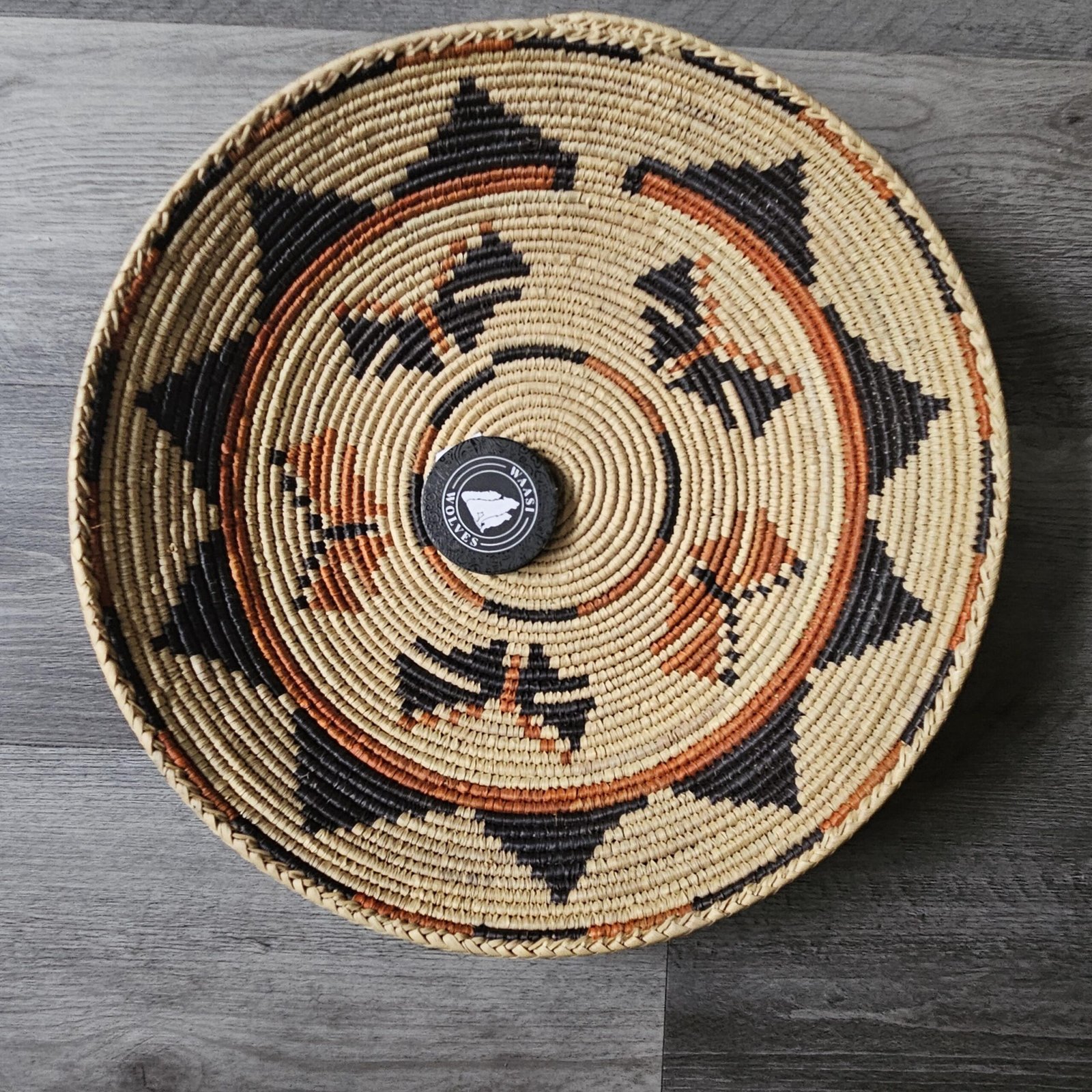 14" Handwoven Wall Basket, Natural Star Points Black & Rust Accent Pattern | Boho Wall Decor, Fair Trade Gift - Image 2