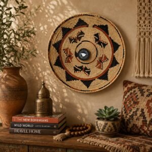 14" Handwoven Wall Basket, Natural Star Points Black & Rust Accent Pattern | Boho Wall Decor, Fair Trade Gift