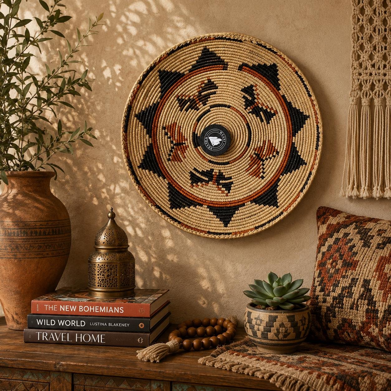 14" Handwoven Wall Basket, Natural Star Points Black & Rust Accent Pattern | Boho Wall Decor, Fair Trade Gift