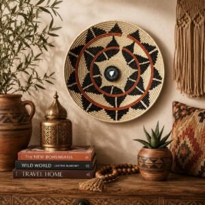 14" Handwoven Wall Basket, Onyx Star Ring Black & Rust Geometric Pattern | Boho Wall Decor, Fair Trade Gift