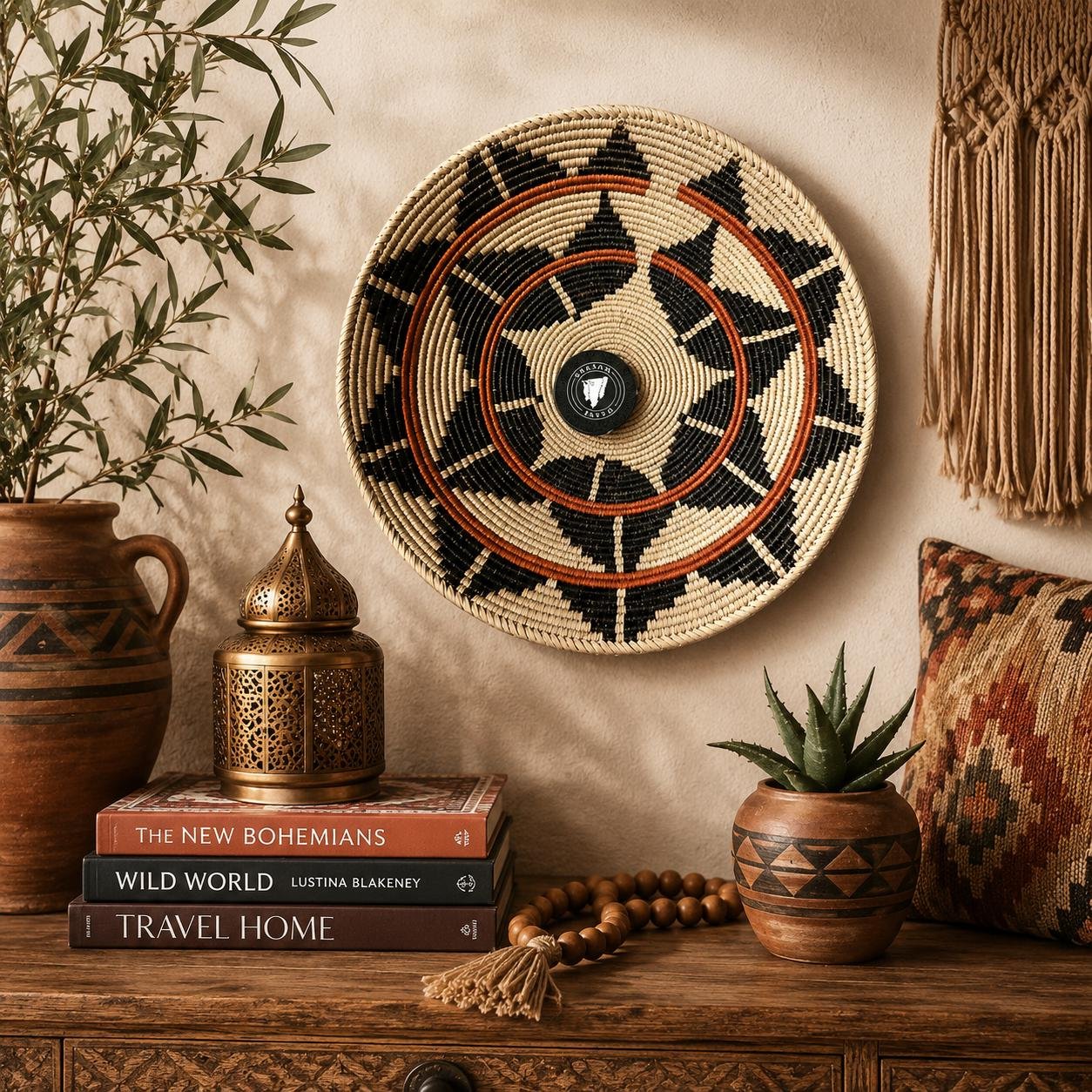 14" Handwoven Wall Basket, Onyx Star Ring Black & Rust Geometric Pattern | Boho Wall Decor, Fair Trade Gift