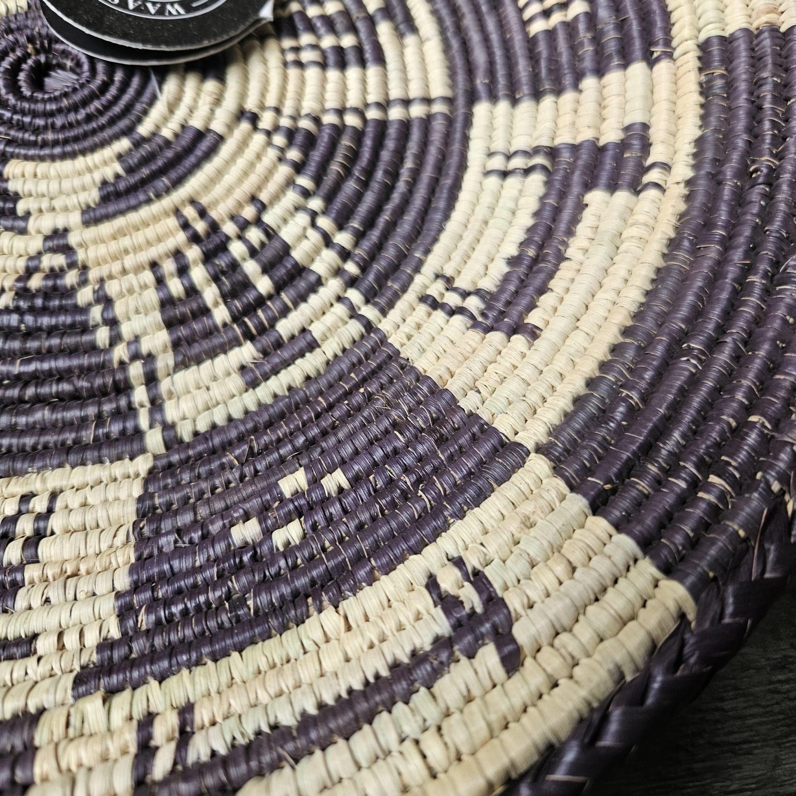 14" Handwoven Wall Basket, Aubergine Spoke Plum & Natural Geometric Pattern | Boho Wall Decor, Fair Trade Gift - Image 4