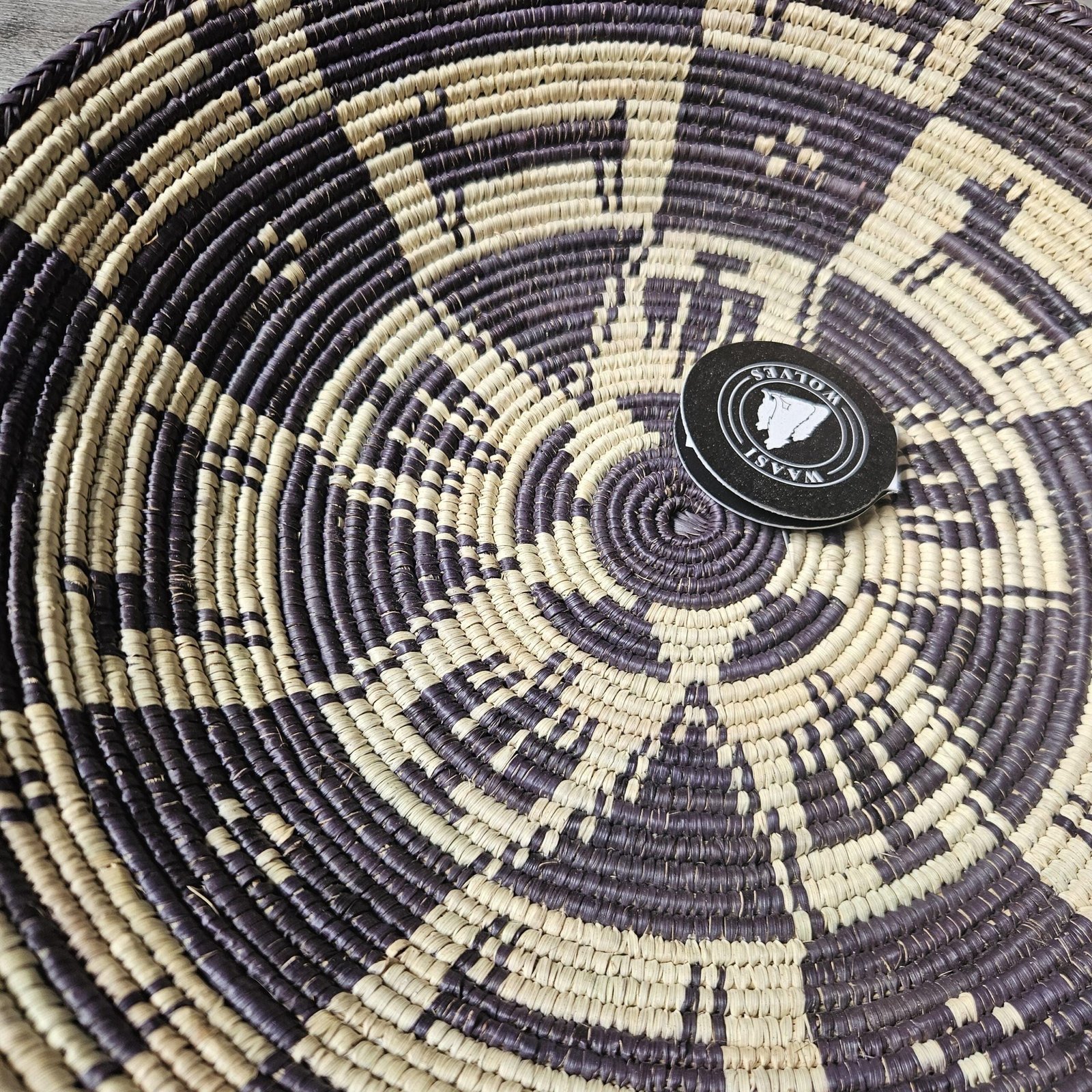 14" Handwoven Wall Basket, Aubergine Spoke Plum & Natural Geometric Pattern | Boho Wall Decor, Fair Trade Gift - Image 6