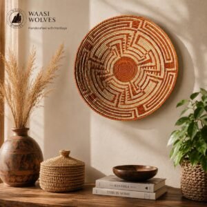 14" Handwoven Wall Basket, Rust Labyrinth Terracotta & Natural Geometric Pattern | Boho Wall Decor, Fair Trade Gift
