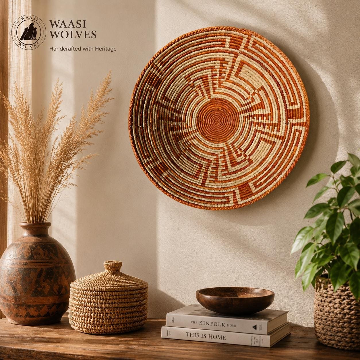 14" Handwoven Wall Basket, Rust Labyrinth Terracotta & Natural Geometric Pattern | Boho Wall Decor, Fair Trade Gift