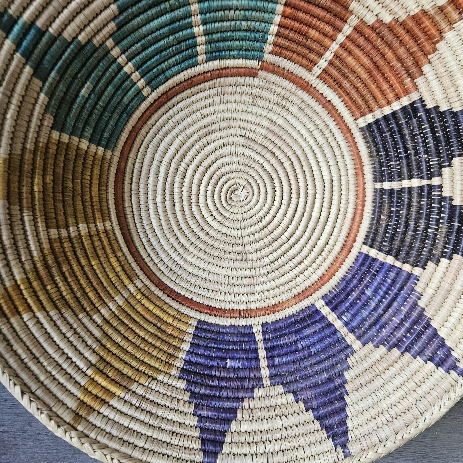 17" wide Handwoven Wall Bowl Basket, 6 inches deep Rainbow Sunburst Multicolor Radial Pattern | Boho Wall Decor, Fair Trade Gift - Image 4