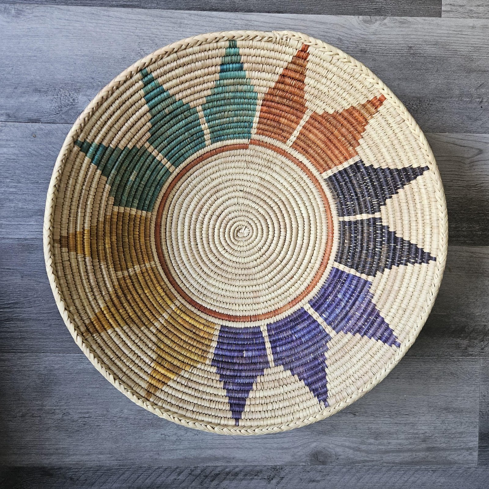 17" wide Handwoven Wall Bowl Basket, 6 inches deep Rainbow Sunburst Multicolor Radial Pattern | Boho Wall Decor, Fair Trade Gift - Image 7