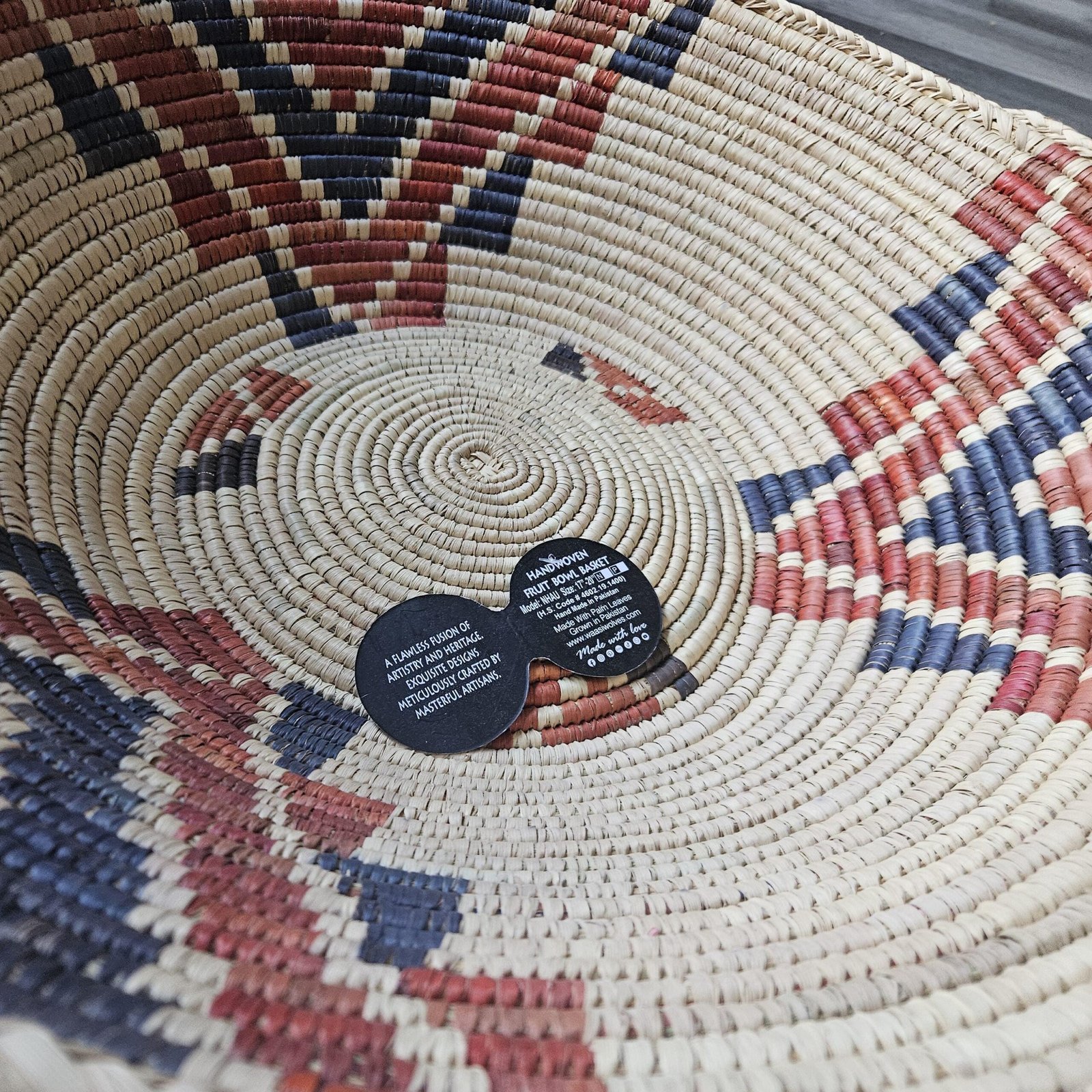 20" XXL Handwoven Wall Basket, 10 inch depth Navy Rust Mosaic Multicolor Pattern | Large Boho Wall Decor, Fair Trade Gift - Image 6