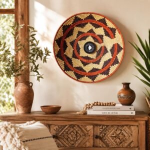14 inches Handwoven African Wall Basket, Terracotta Brown Woven Basket, Boho Wall Decor, Large Round Basket, Tribal Eclectic Home Decor
