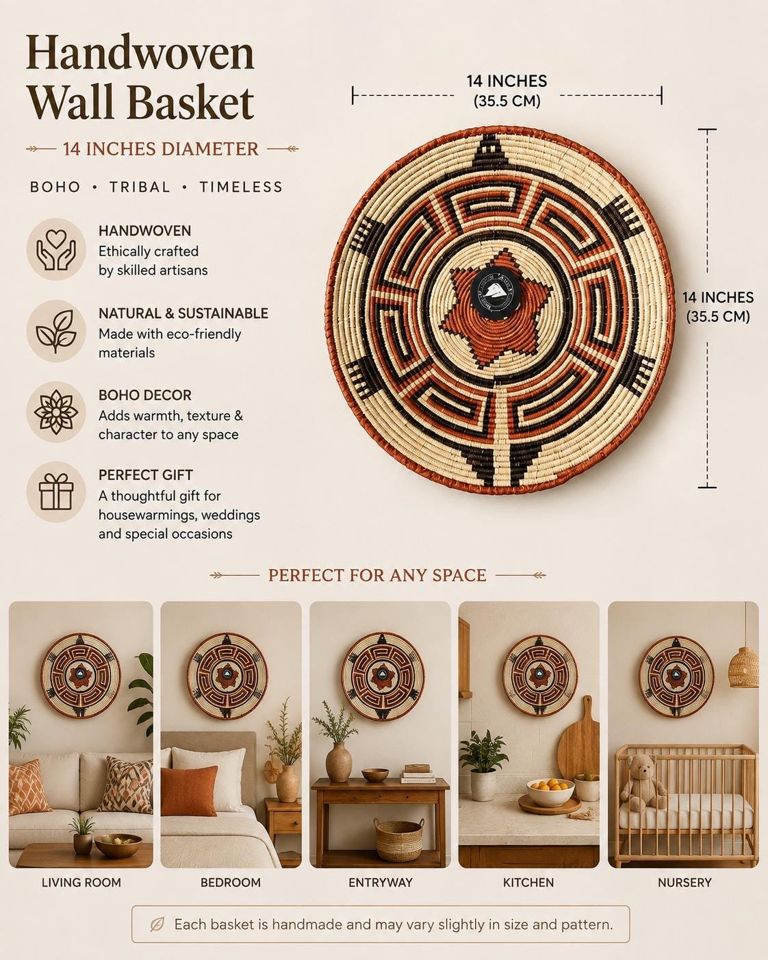 14 Inch Handwoven Wall Basket | Terracotta Black & Cream Woven Decor | Southwestern Boho Wall Basket | Geometric Tribal Home Decor - Image 2