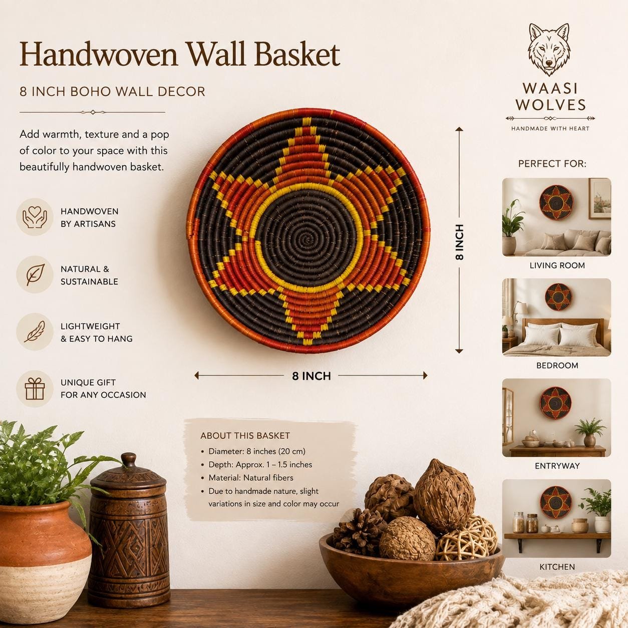 Handwoven Wall Basket 8 Inch | Rust Brown Yellow Woven Wall Decor | Boho Eclectic Basket | African Inspired Wall Art - Image 2