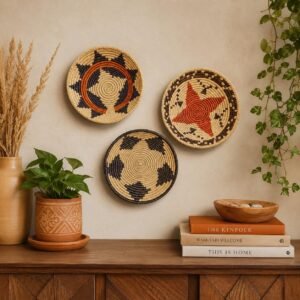 Desert Mosaic Wall Basket Set of 3 | Handwoven Boho Southwestern Decor, Rust orange terracotta & Natural 8 inches