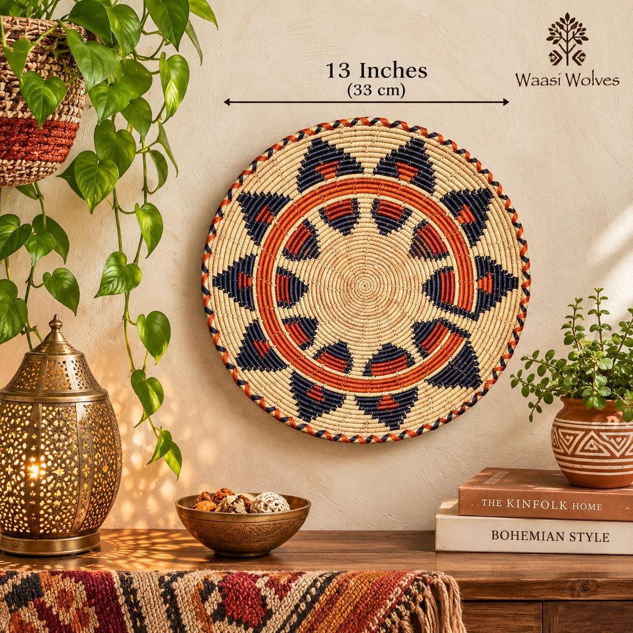 Large 13 Inch African Wall Basket, Boho Wall Basket Decor, Handmade Woven Basket, Tribal Wall Art, Neutral Nursery Decor