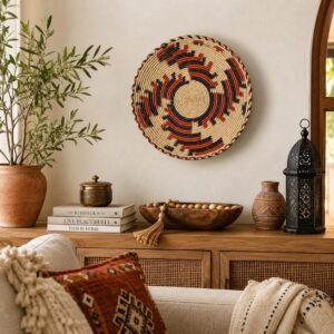 Large 13 Inch African Wall Basket, Boho Wall Basket Decor, Handmade Woven Basket, Tribal Wall Art, Neutral Nursery Decor
