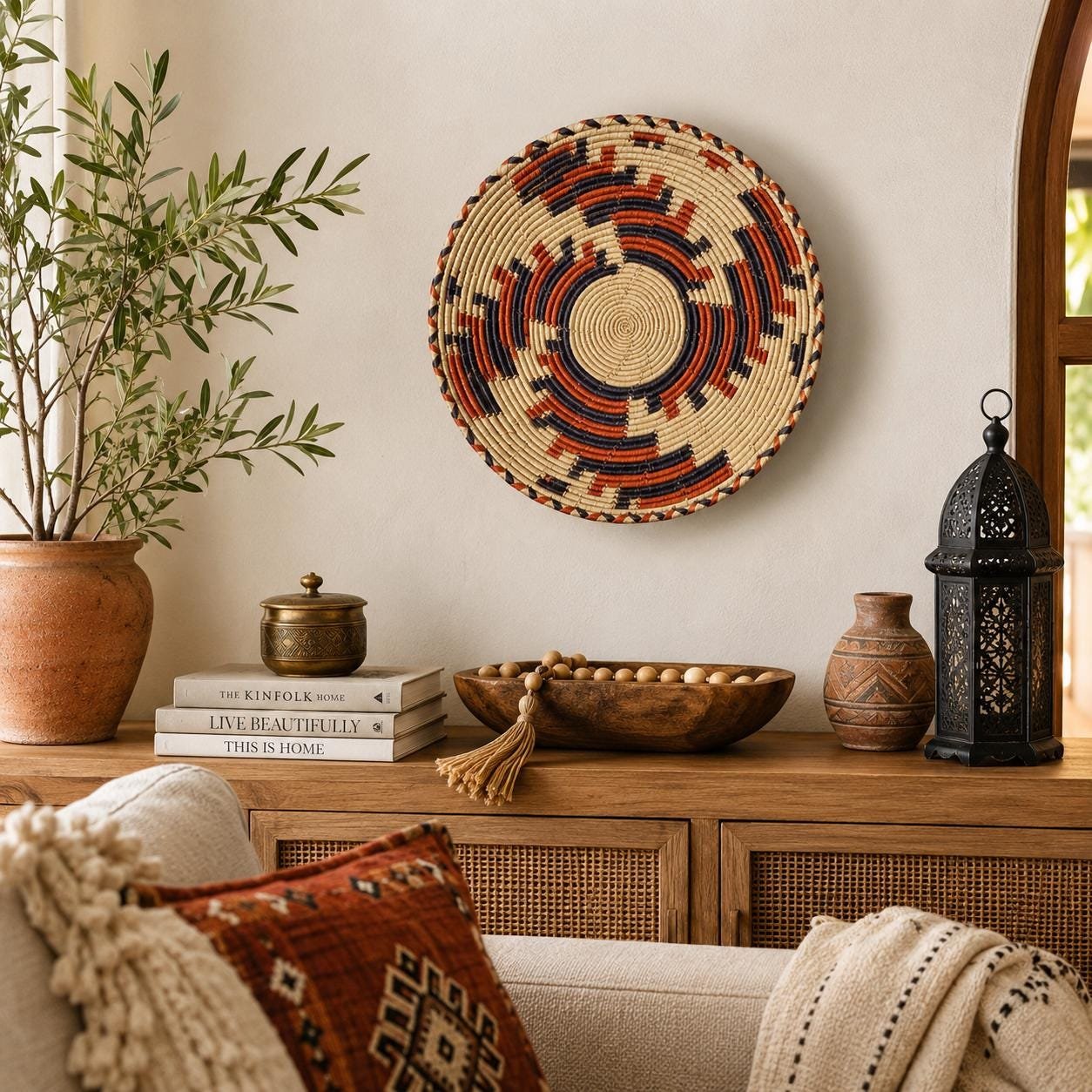 Large 13 Inch African Wall Basket, Boho Wall Basket Decor, Handmade Woven Basket, Tribal Wall Art, Neutral Nursery Decor