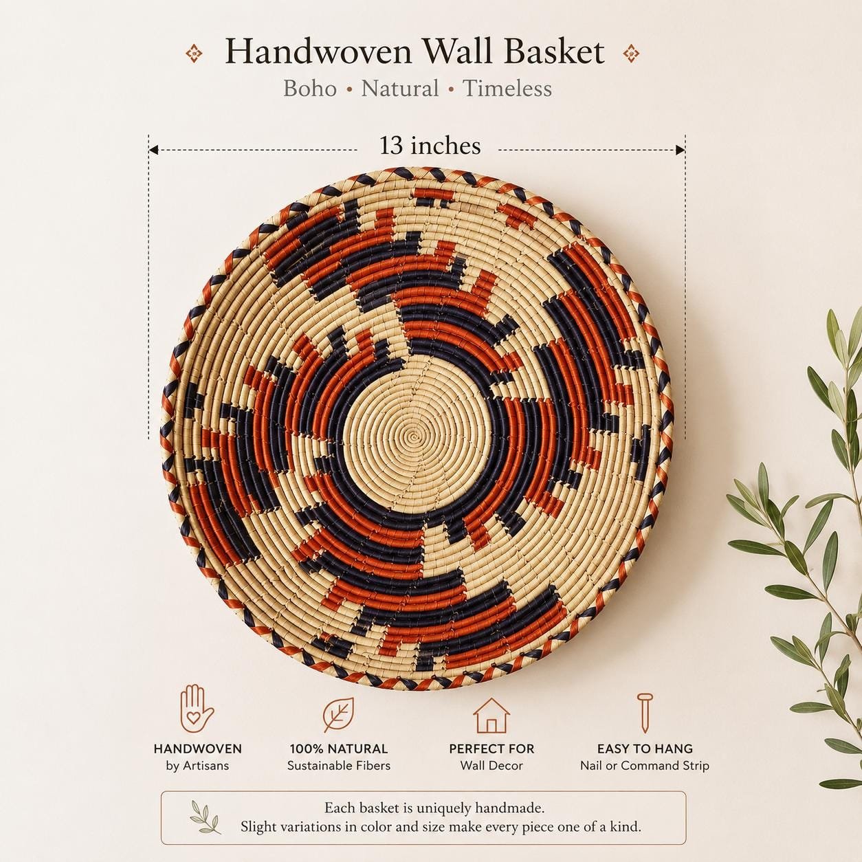 Large 13 Inch African Wall Basket, Boho Wall Basket Decor, Handmade Woven Basket, Tribal Wall Art, Neutral Nursery Decor - Image 2