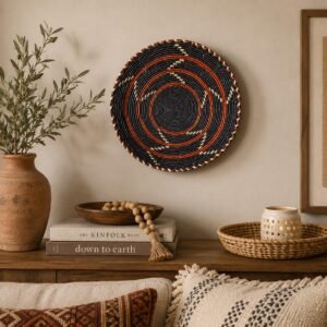 Handwoven Wall Basket 13 Inch | Black Rust & Natural Woven Wall Decor | Boho Southwestern Basket | African Inspired Wall Art