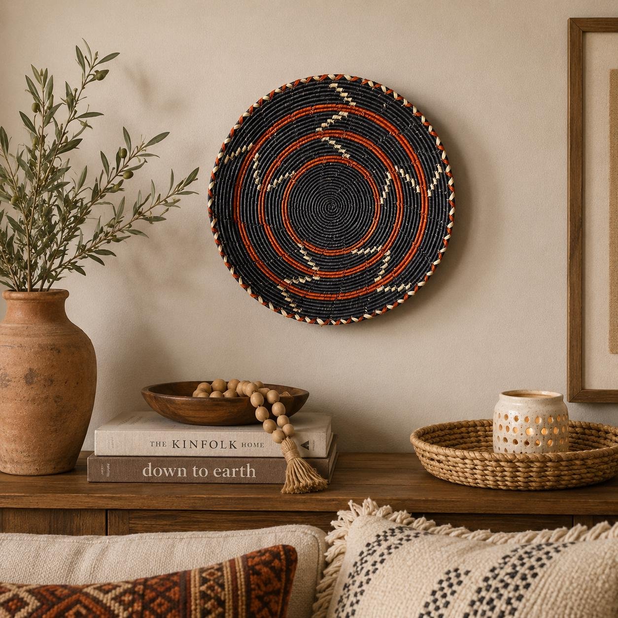 Handwoven Wall Basket 13 Inch | Black Rust & Natural Woven Wall Decor | Boho Southwestern Basket | African Inspired Wall Art
