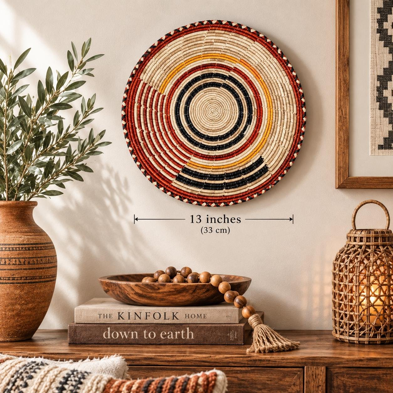 13 Inch Handwoven African Wall Basket, Boho Woven Wall Decor, Large Decorative Basket, Tribal Basket Wall Hanging, Neutral Home Decor - Image 2
