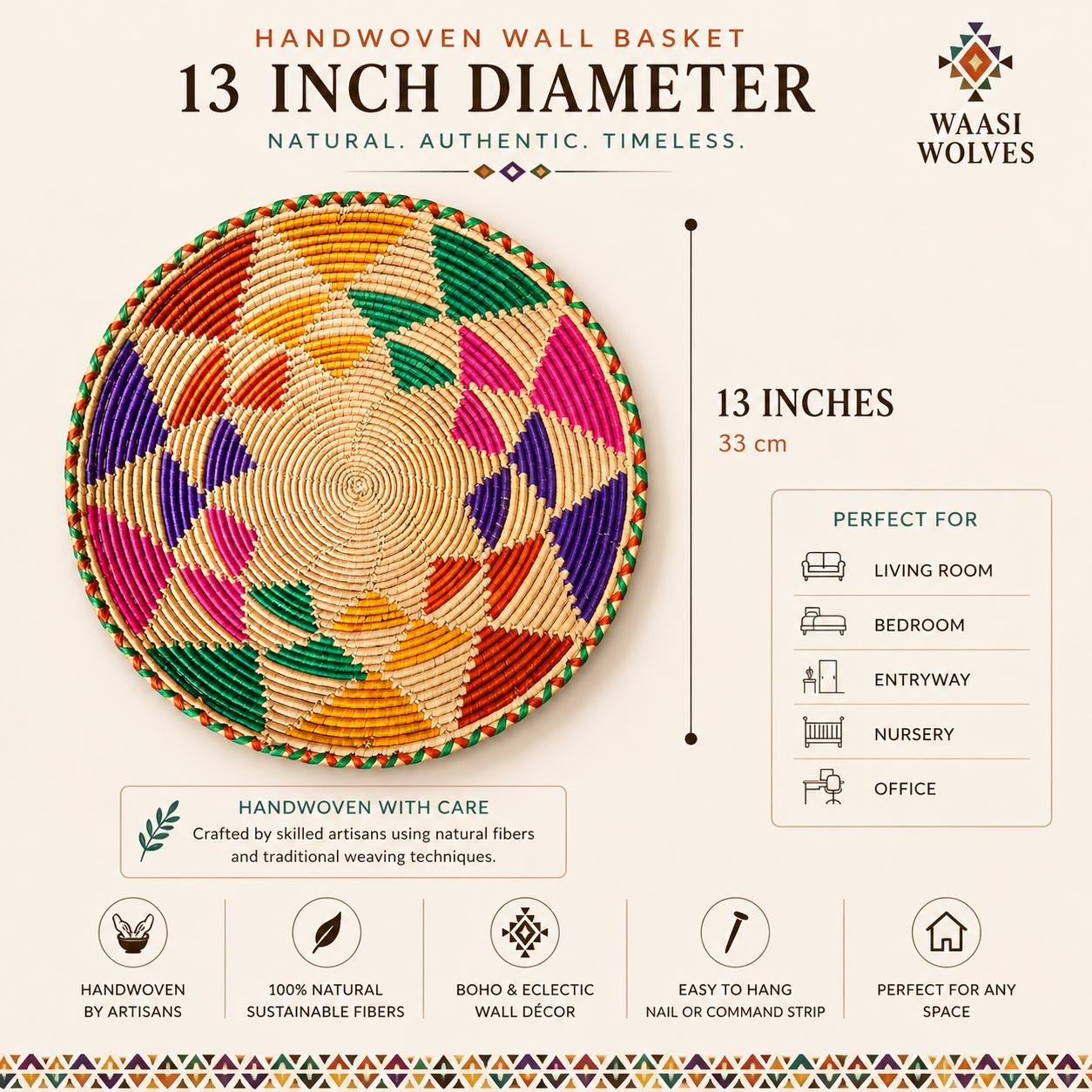 13 Inch Colorful Handwoven Wall Basket, Boho Woven Wall Decor, Pink Green Purple - Image 2