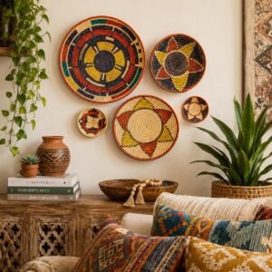 Marrakesh Star Set of 5 Wall Baskets, 14 Inch Handwoven Boho Wall Decor, Amber Black Red Bohemian Wall Art Home Decor