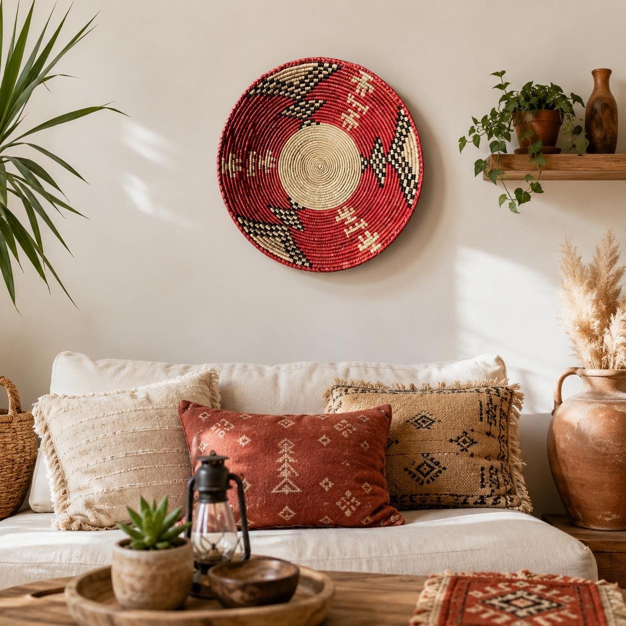 14 Inch Red Woven Wall Basket | Handwoven African Basket | Boho Southwestern Wall Decor | Tribal Wall Hanging | Rustic Home Decor - Image 2