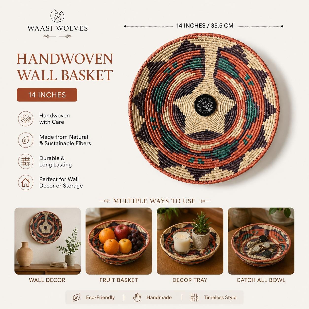 Southwestern Boho Hand Woven Dream Basket | Tribal-Inspired Wall Decor, 13.5–14 Inch - Image 2