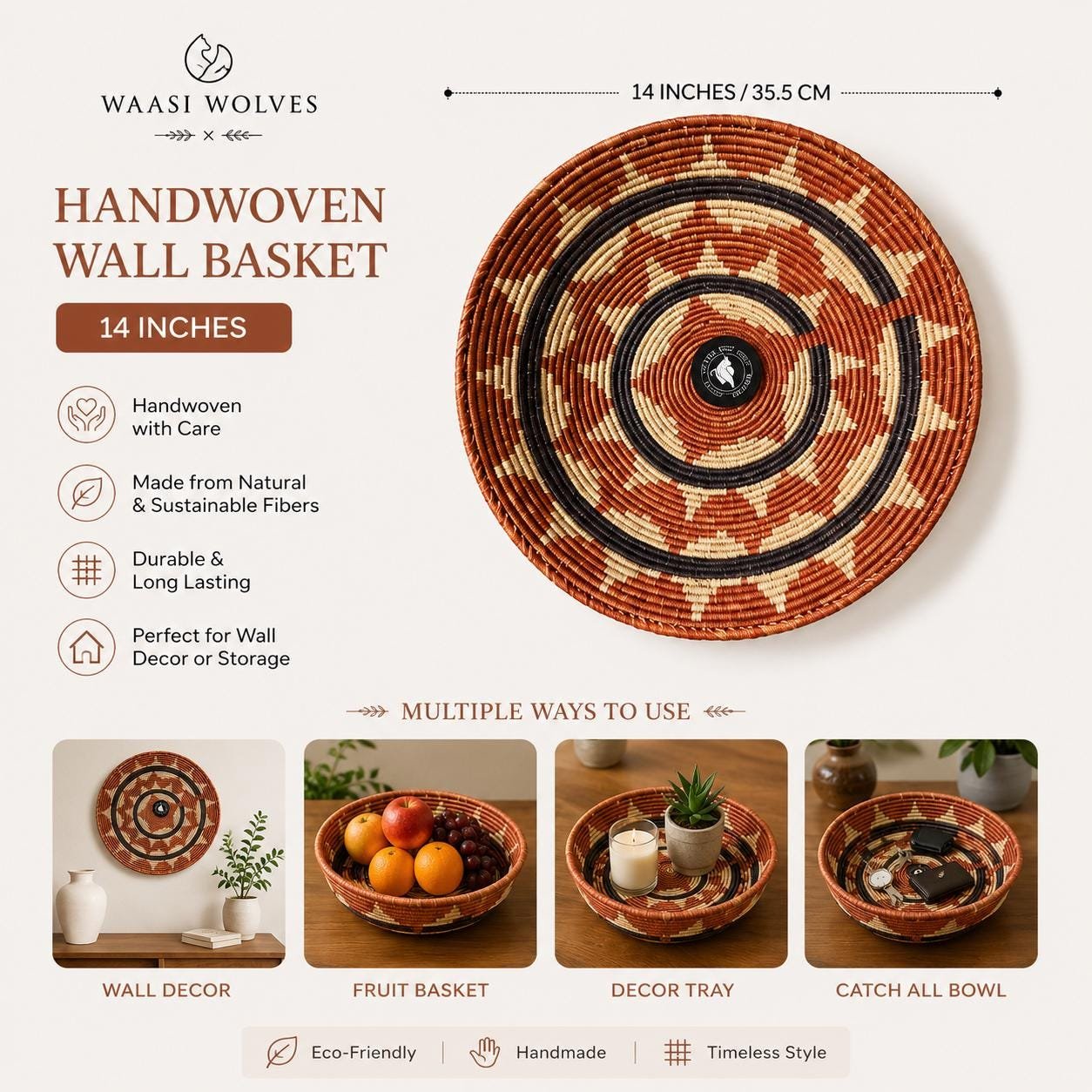 Rust Halo 13" Handwoven Boho Wall Basket, Rust Navy Cream Sunburst Wall Decor, African Wall Basket Bohemian Wall Art Home Decor - Image 2