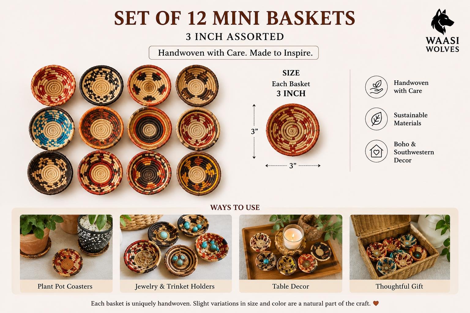 12-Piece Mini Woven Basket Set, 3 Inch Assorted Handwoven Baskets, Southwestern Boho Decor, Small Trinket & Jewelry Bowls, Gift Set - Image 2