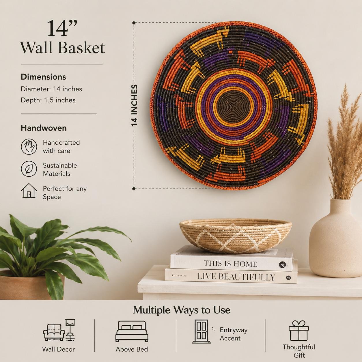 Handwoven African Wall Basket 14 Inch | Purple Orange Mustard Woven Basket | Boho Tribal Wall Decor | Colorful Ethnic Wall Hanging - Image 2