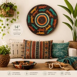 14 Inch African Woven Wall Basket, Colorful Boho Wall Decor, Handwoven Basket, Teal Orange Brown, Eclectic Southwestern Home Decor