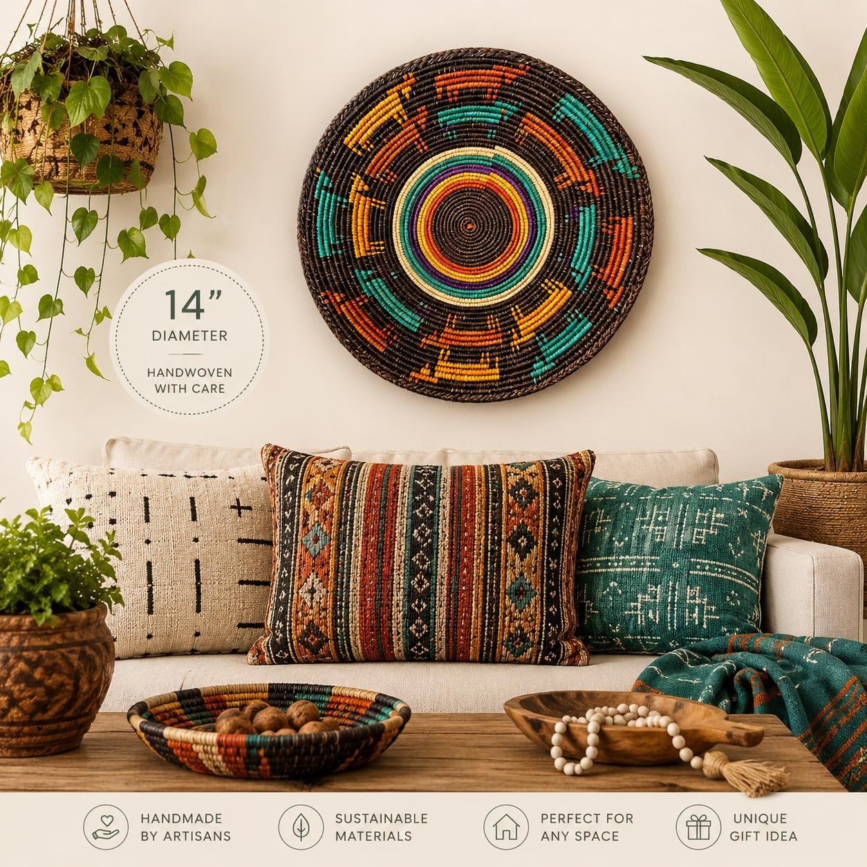 14 Inch African Woven Wall Basket, Colorful Boho Wall Decor, Handwoven Basket, Teal Orange Brown, Eclectic Southwestern Home Decor