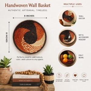 Handwoven Basket 8 Inch | African Woven Wall Basket | Boho Wall Decor | Rust & Natural Decorative Basket | Fruit Bowl | Catchall Bask