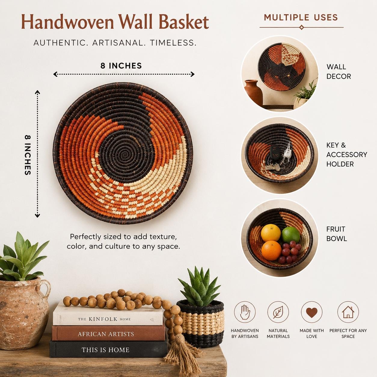 Handwoven Basket 8 Inch | African Woven Wall Basket | Boho Wall Decor | Rust & Natural Decorative Basket | Fruit Bowl | Catchall Bask