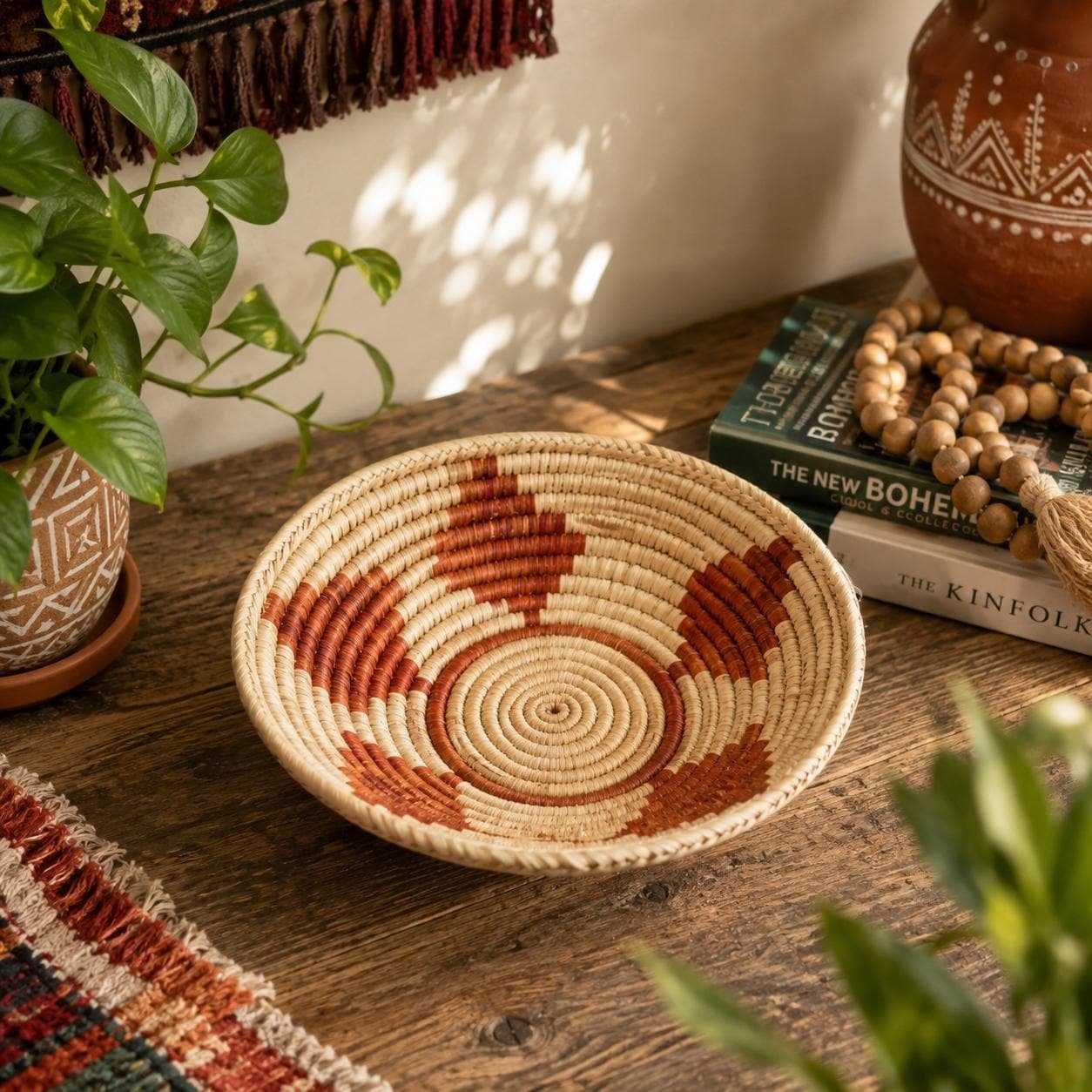 Handwoven Basket 8 Inch | African Woven Wall Basket | Boho Wall Decor | Rust & Natural Decorative Basket | Fruit Bowl | Catchall Bask - Image 2