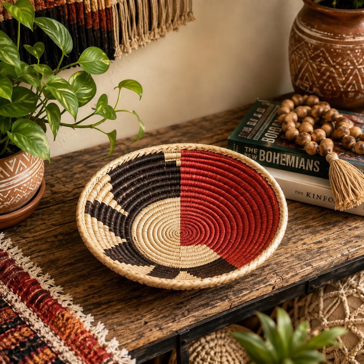 Handwoven Basket 8 Inch | African Woven Wall Basket | Boho Wall Decor | Rust & Natural Decorative Basket | Fruit Bowl | Catchall Bask - Image 3