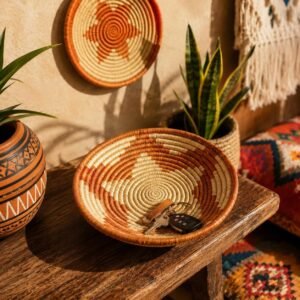 Handwoven Basket 8 Inch | African Woven Wall Basket | Boho Wall Decor | Rust & Natural Decorative Basket | Fruit Bowl | Catchall Basket