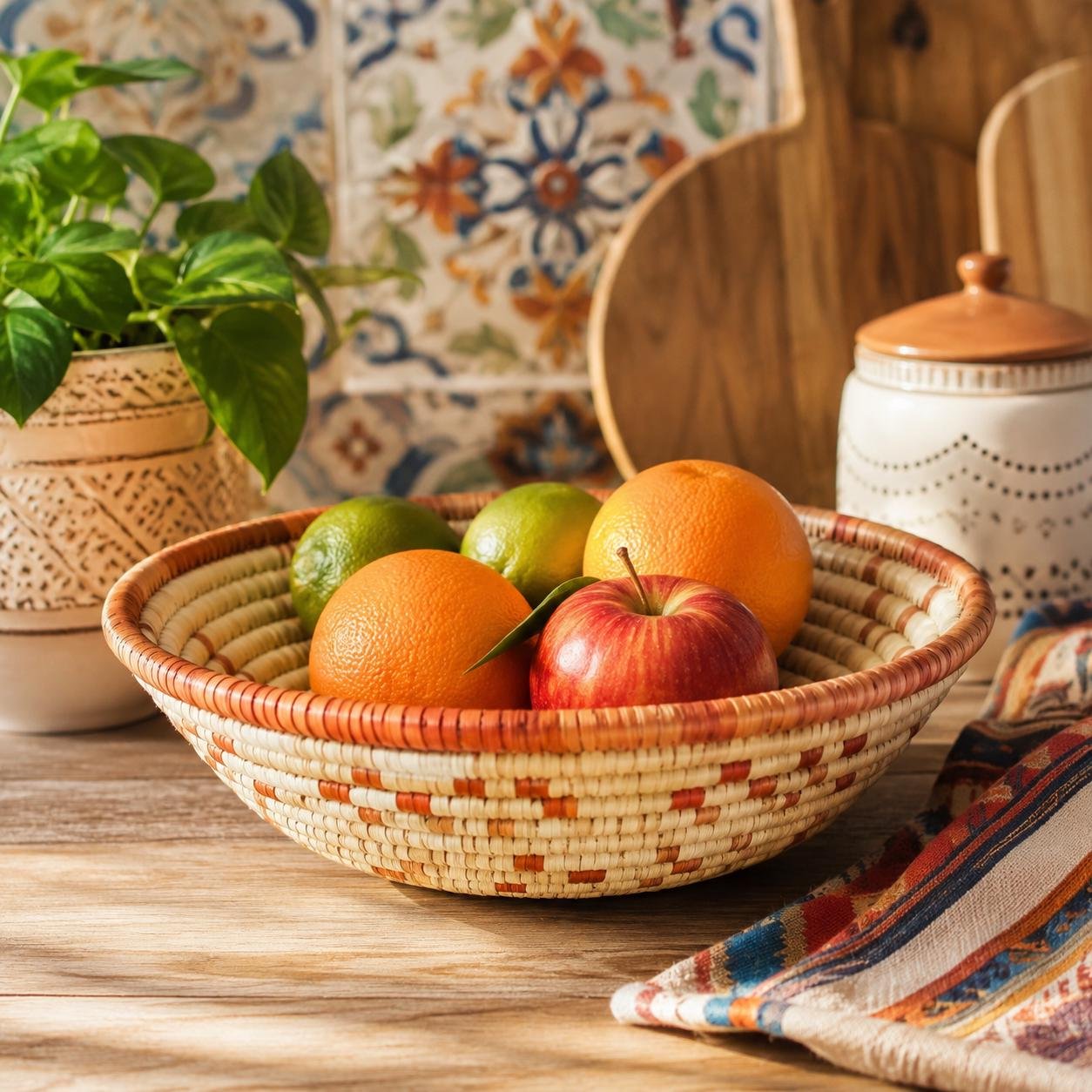 Handwoven 8 Inch Woven Basket | Terracotta & Natural Boho Wall Decor | African Inspired Basket | Small Woven Wall Hanging - Image 3