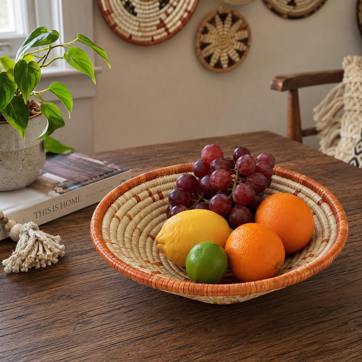 Handwoven 8 Inch Woven Basket | Terracotta & Natural Boho Wall Decor | African Inspired Basket | Small Woven Wall Hanging - Image 8