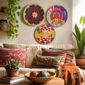Set of 3 Handwoven African Wall Baskets, 14 Inch Colorful Woven Basket Wall Decor, Eclectic Boho Wall Art, Bohemian Home Decor