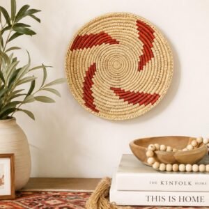 Handwoven African Wall Basket 8 Inch | Terracotta Red & Natural Woven Wall Decor | Small Boho Basket | Rustic Tribal Wall Art