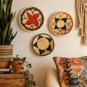 Set of 3 Woven Wall Baskets, 8 Inch Handwoven Boho Wall Decor, Southwestern Basket Wall Art, Terracotta Rust Home Decor