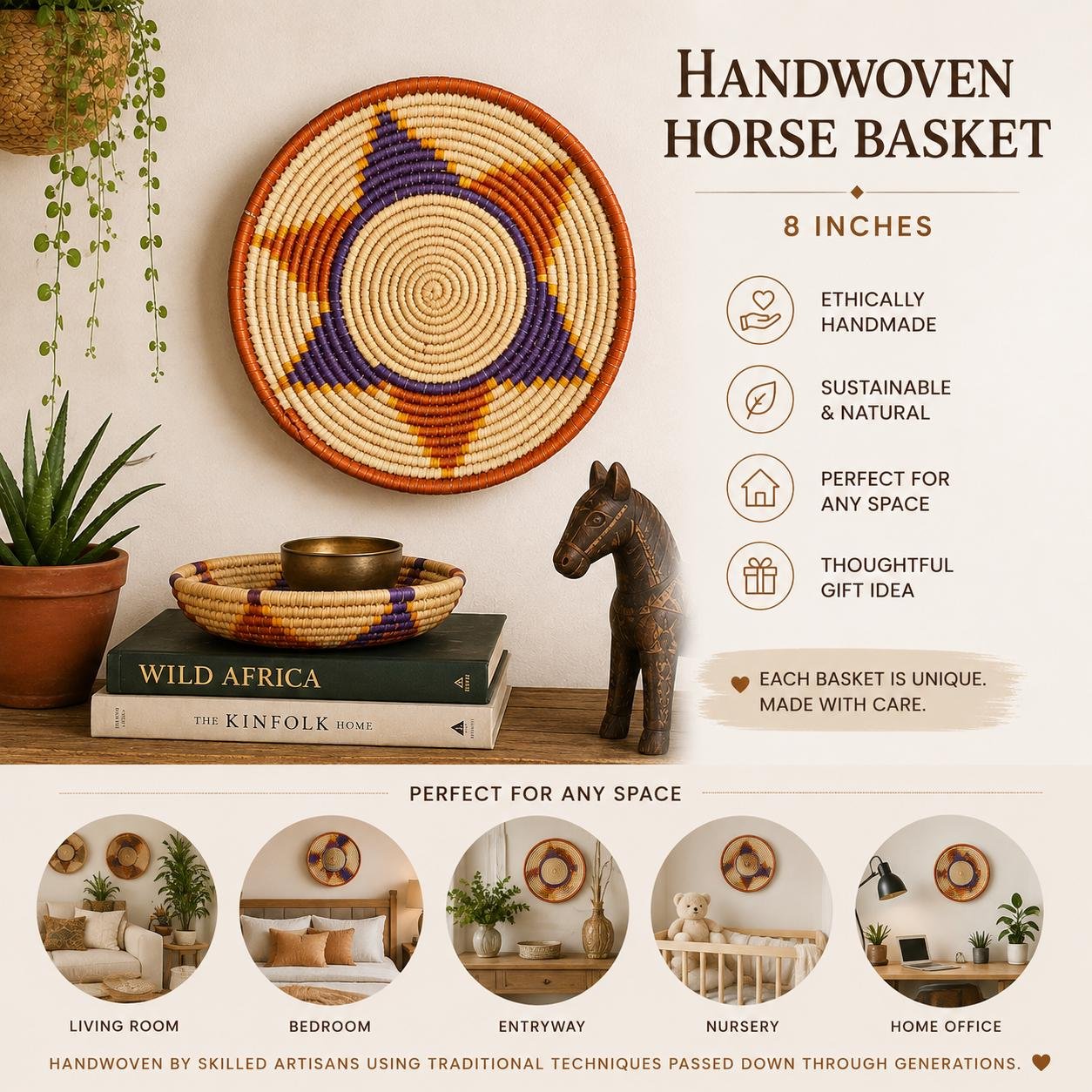Handwoven Wall Basket 8 Inch | Terracotta Purple Boho Basket | African Woven Wall Decor | Colorful Basket Bowl | Bohemian Home Decor - Image 5