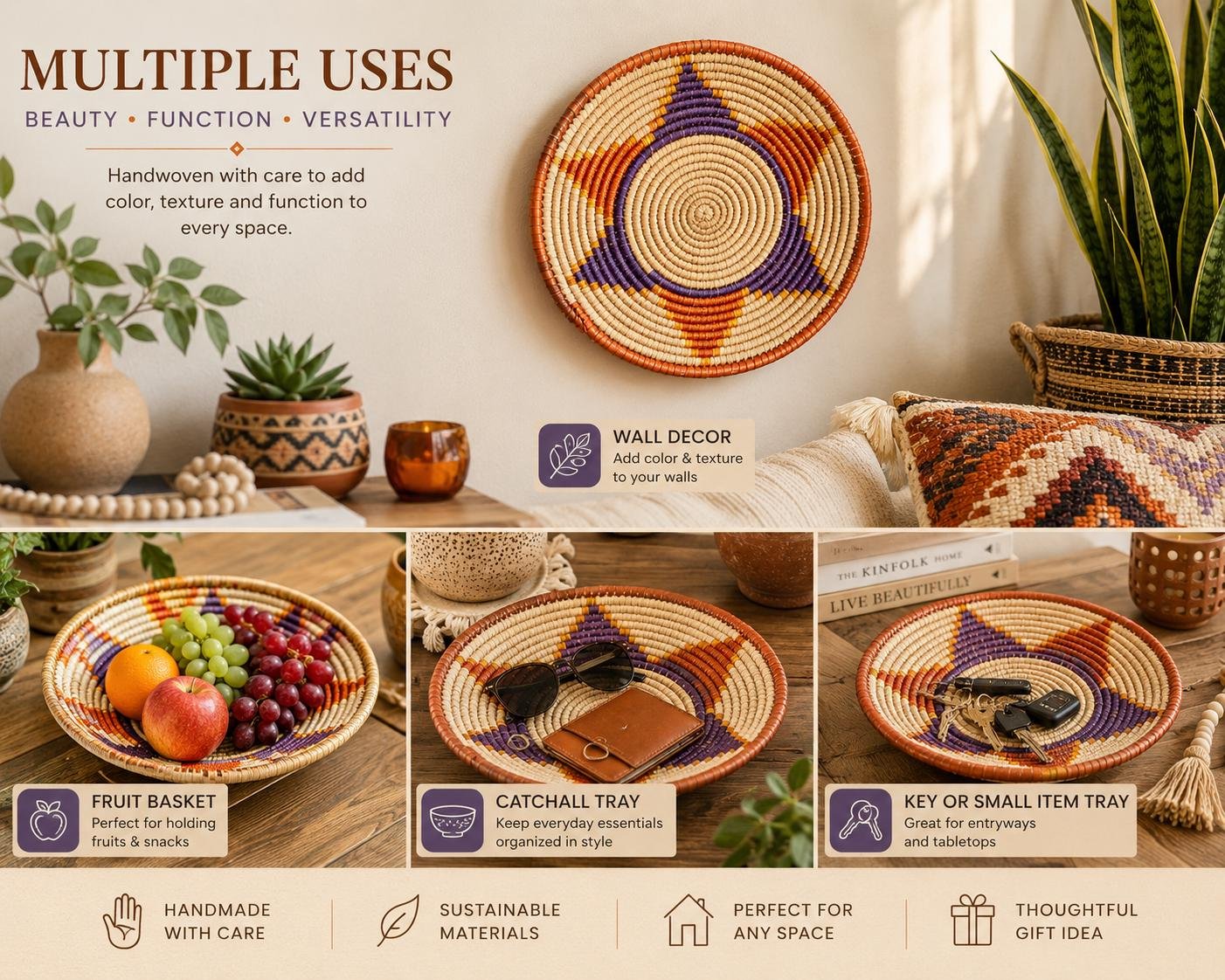 Handwoven Wall Basket 8 Inch | Terracotta Purple Boho Basket | African Woven Wall Decor | Colorful Basket Bowl | Bohemian Home Decor - Image 6