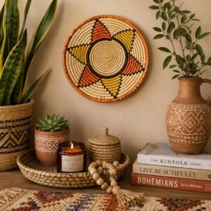 Handwoven Wall Basket 8 Inch | Terracotta Mustard Boho Basket | African Woven Wall Decor | Colorful Basket Bowl | Bohemian Home Decor