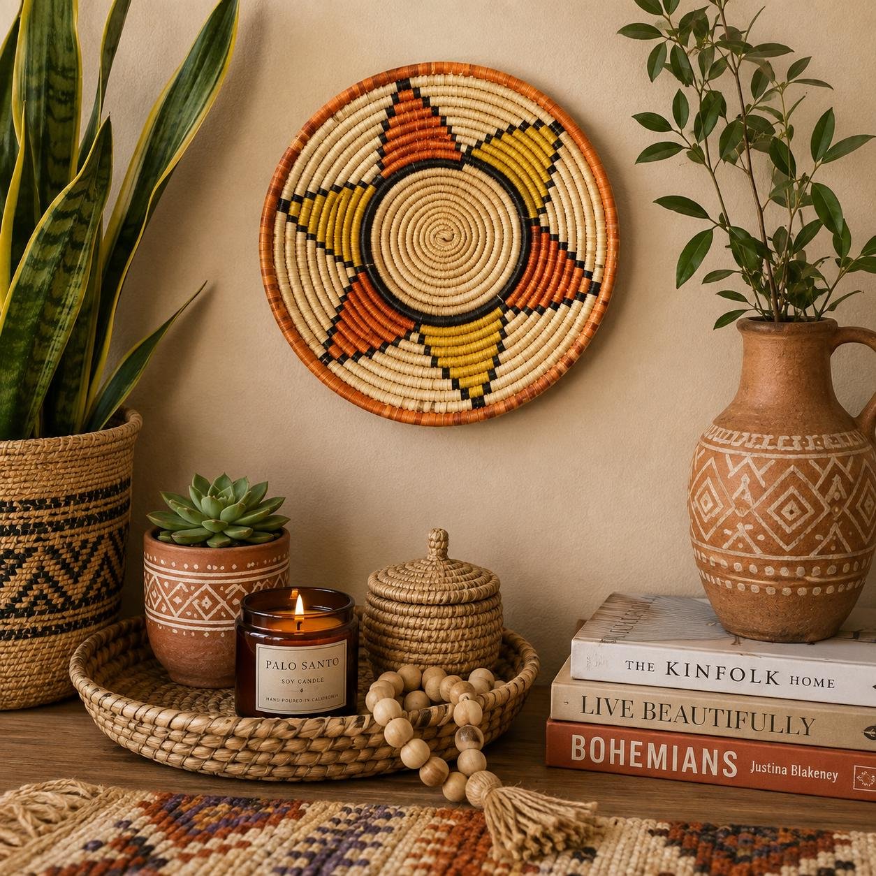 Handwoven Wall Basket 8 Inch | Terracotta Mustard Boho Basket | African Woven Wall Decor | Colorful Basket Bowl | Bohemian Home Decor