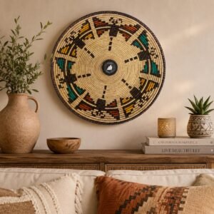 14 Inch Handwoven Wall Basket | Southwestern Woven Wall Decor | Cream Brown Terracotta Geometric Boho Basket