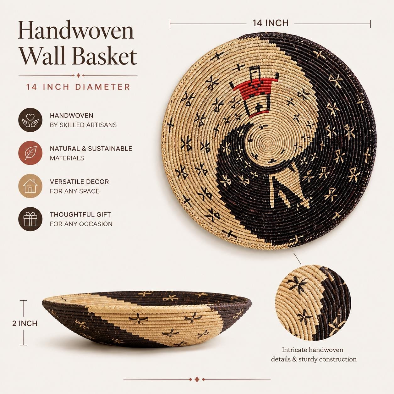 Handwoven African Wall Basket 14 Inch | Black Natural & Red Woven Basket | Boho Wall Decor | Tribal Woven Wall Art | Ethnic Home Decor - Image 3